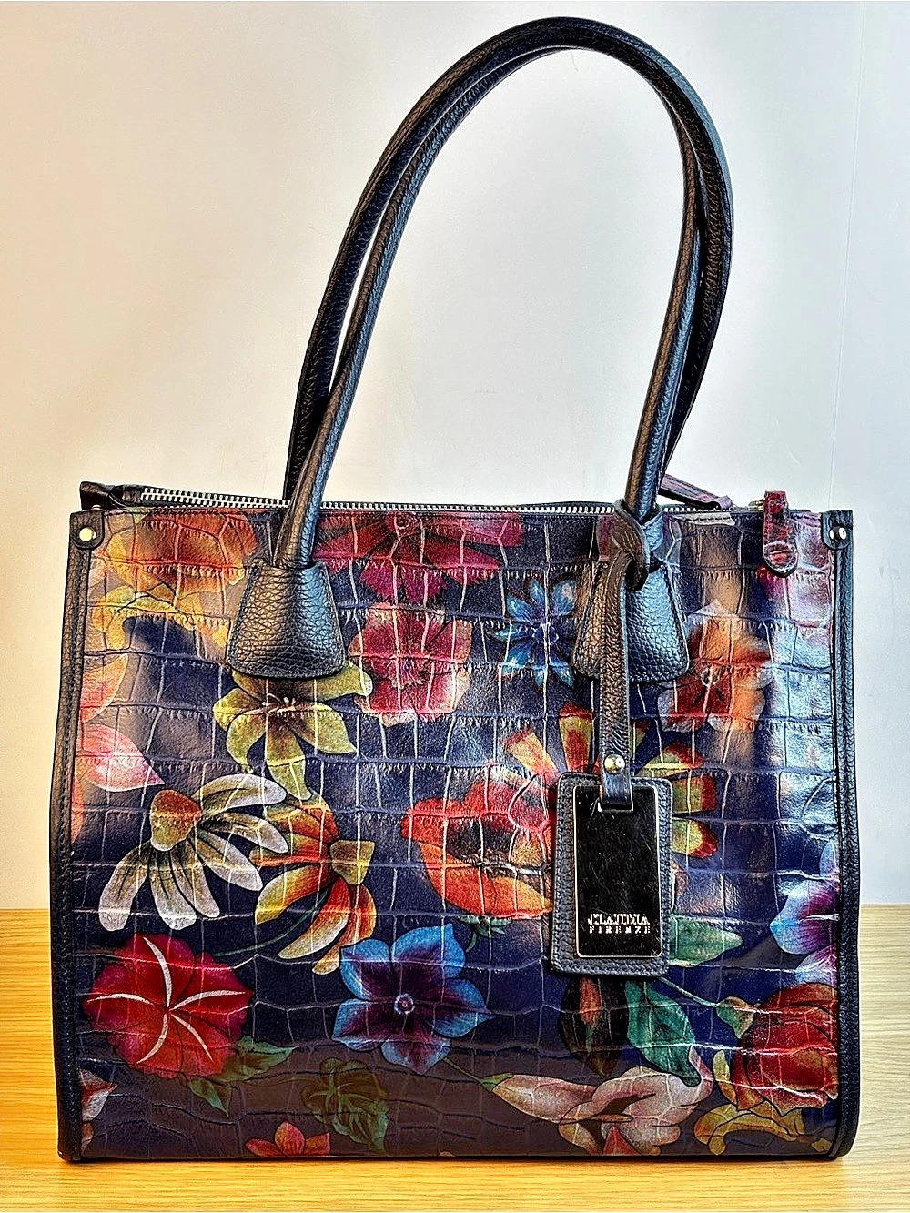 Claudia Firenze Italian Genuine Leather Floral Croc Embossed Tote Bag LIKE NEW!